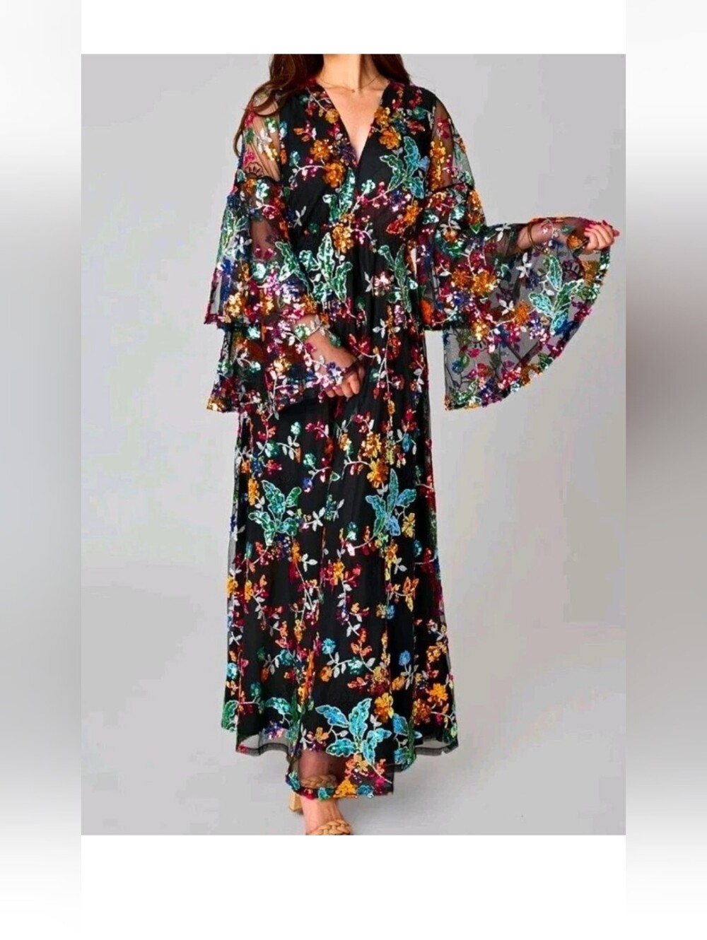 BuddyLove Colette Maxi Dress Dusk Black Sequin Floral Tiered Bell Sleeve XL NWT